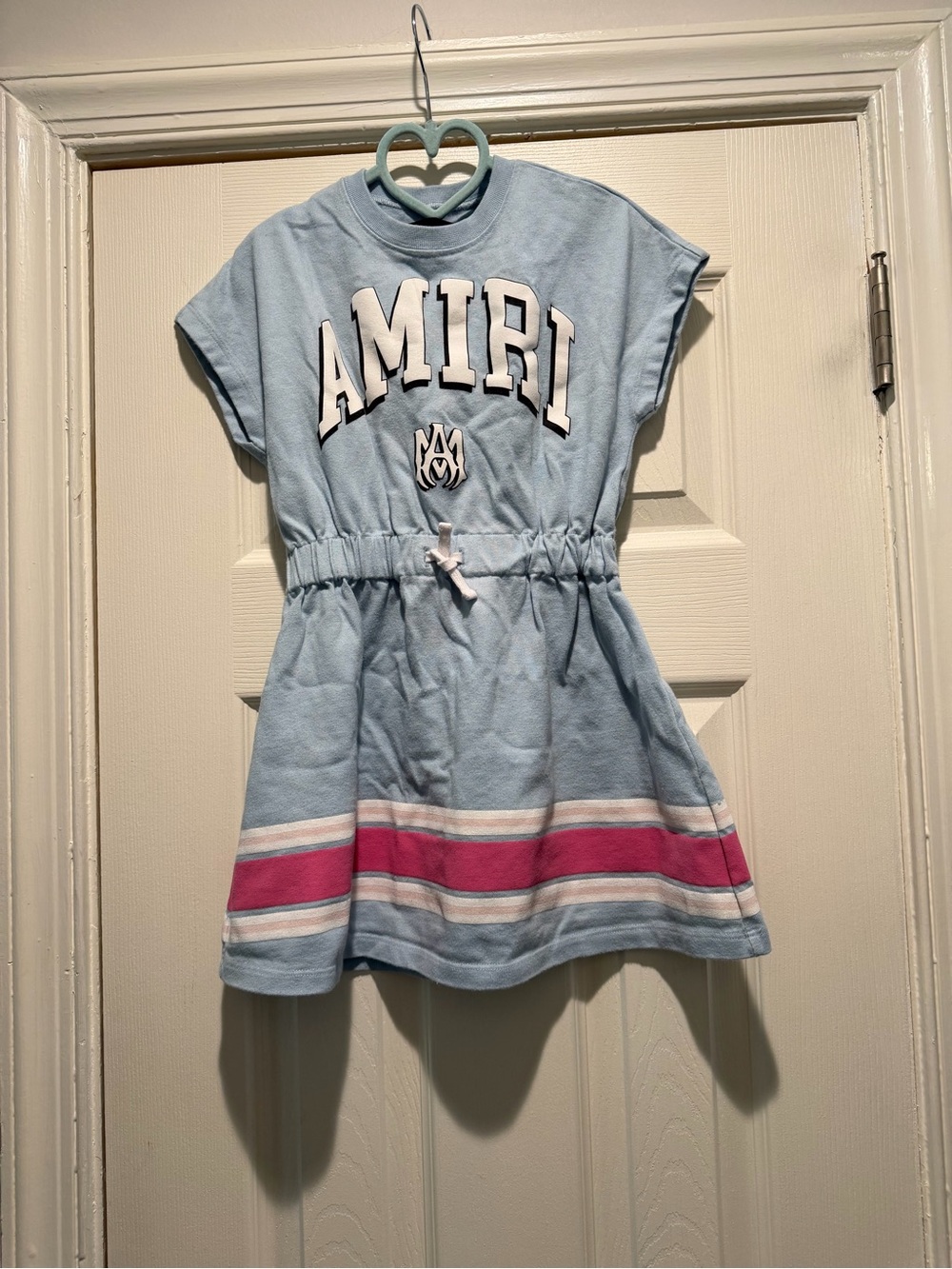 AMIRI Baby Blue Drawstring Sweatshirt Dress with Pink Stripe - Made in Italy